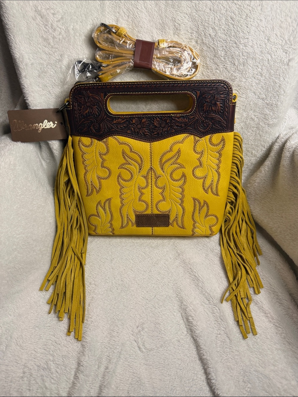 Wrangler Mustard Yellow Fringe Crossbody with Tooled Brown Top